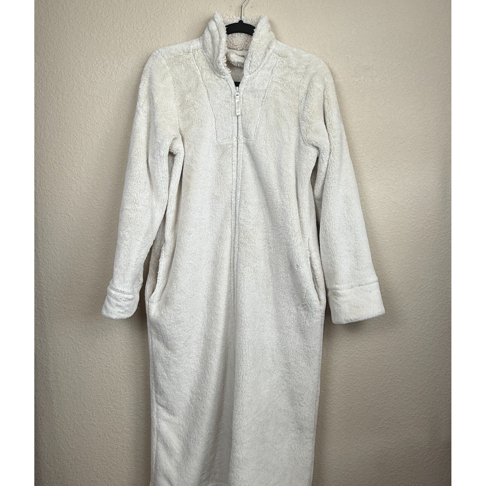 L.L. Bean Fleece Full Zip Long Robe Lounger House Coat Duster Cream 513997 Sz S